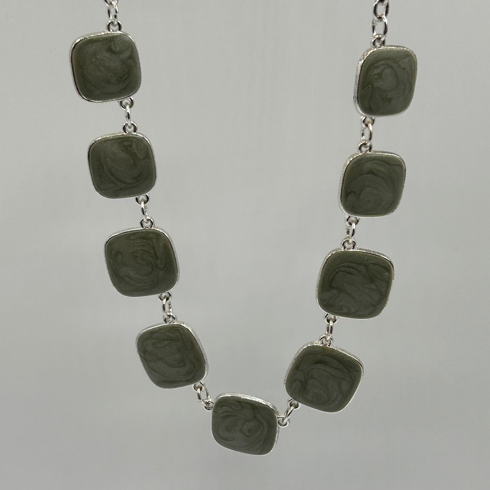 Color Gray Square Stone Necklace Silver Tone Chain Fashion Jewelry Statement NWT